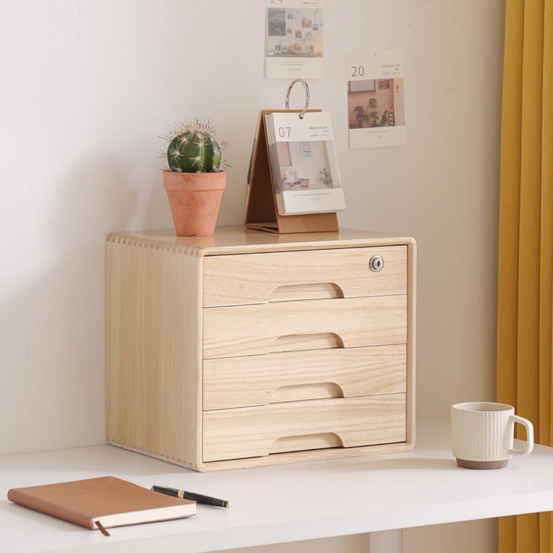 LITFAD Nordic Desktop Filing Cabinet Wooden Document Organizer Simple Office Tabletop Storage Box with Lockable Drawer, Wood Color 14"L x 10"W x 12"H