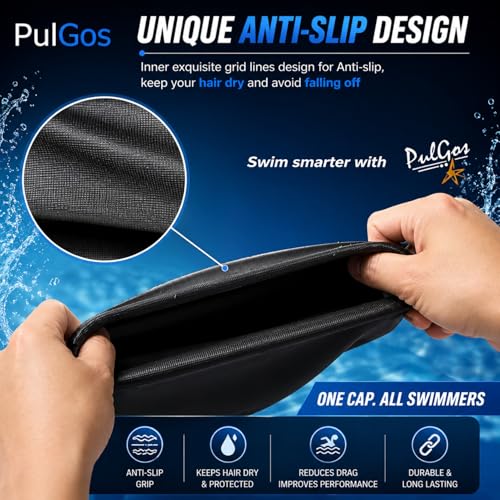 Image of PulGos Premium Silicone Swim Cap - Unisex Black Cap for Adults | Snug, Stretchable Fit for Long & Short Hair | Protects Hair, Reduces Drag | Ideal for Training, Competitions & Leisure Swimming