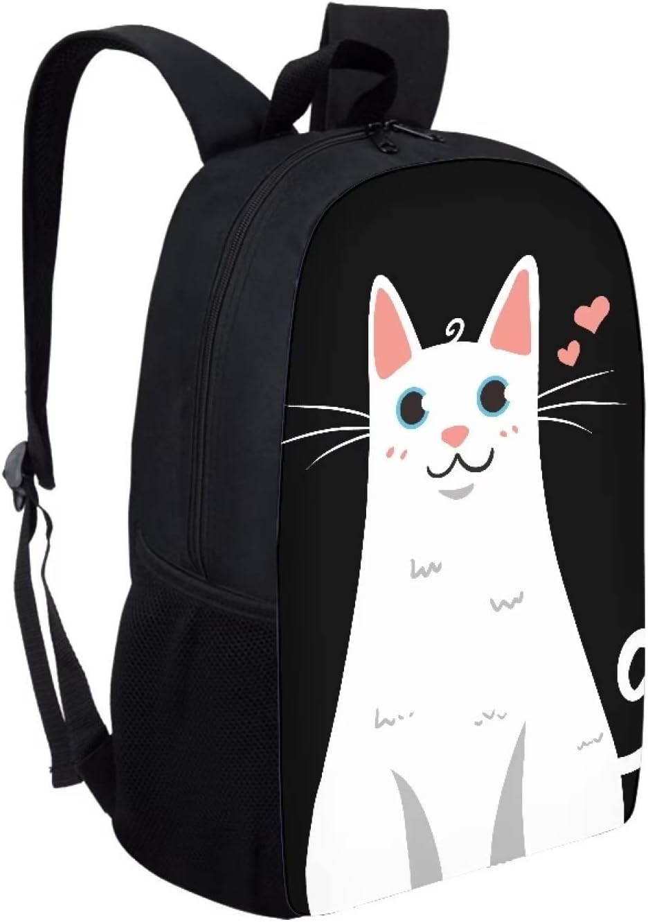 Boys Girls Cartoon Cat Print Backpack for School Kids Padded Zipper 17 Inch Lightweight Black Backpack Personalized Durable Adjustable Straps Padded Bookbag