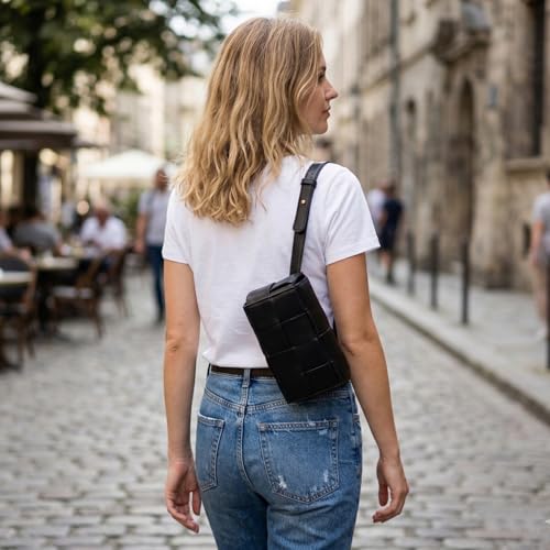 Image of Mini Woven Crossbody Bag for Women, Square Shoulder Handbag Leather Clutch Purse Cute Fanny Packs with Adjustable Belt