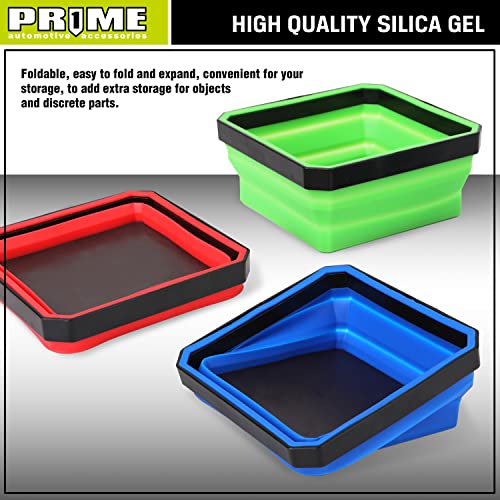Pr1Me Collapsible Magnetic Parts Tray Set, 3 Pieces, Foldable Magnetic Tool, 4.25 Inch Square Silicone Bowls With Magnetic Base Stores And Organizes Small Parts And Tools #TOP3