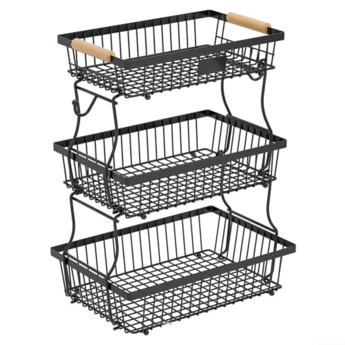 Cesta de frutas de 3 niveles desmontable con mango de madera para ahorrar espacio 7