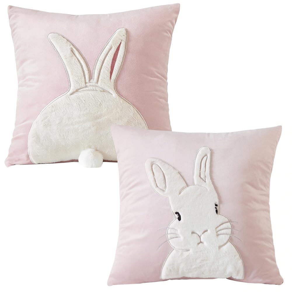 Bdkmms Pink Easter Pillow Cover, 2Pcs 17.7×17.7Inch Rabbit Throw Cushion Cases Rabbit Decorative Pillows Case For Cushions