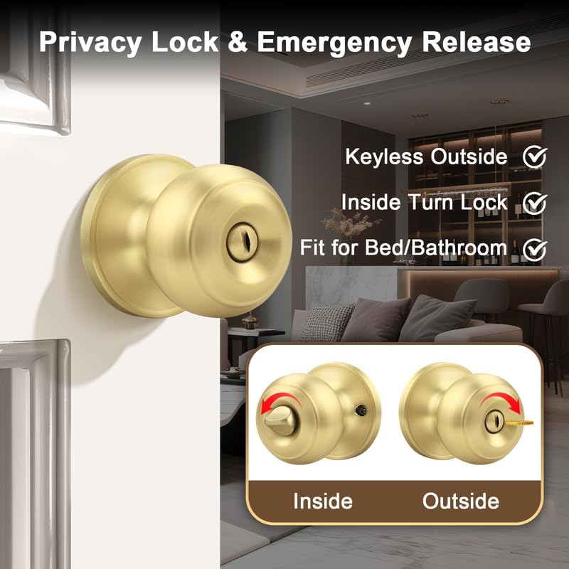 Probrico Brass Door Locks for Bedroom, Interior Door Knobs with Privacy Lock, Bathroom Door Handles, Copper Material, Keyless, 6 Pack