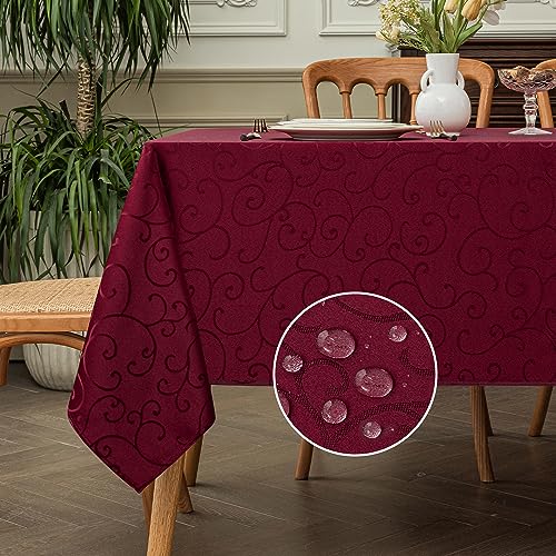 Romanstile Christmas Jacquard Rectangle Tablecloth - Burgundy Waterproof Damask Curly Floral Pattern Decorative Table Cloth, Heavy Weight Fabric Table Cover for Dining/Party/Holiday - 52 x 70 Inch
