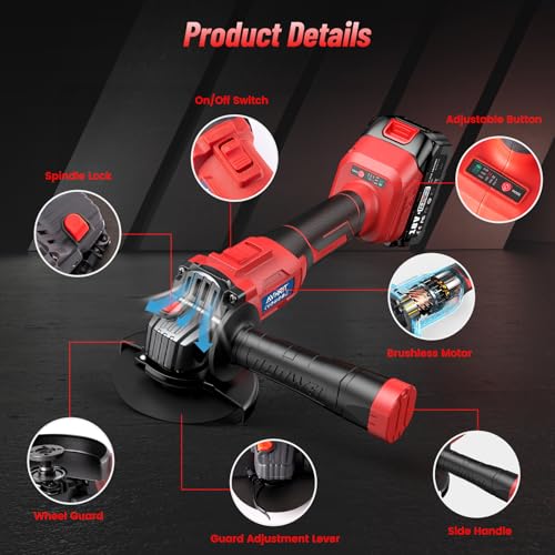 Avhrit 125mm Cordless Angle Grinder, Brushless Angle Grinder 9500RPM w/ 2X5.0Ah Batteries, 3 speeds Electric Metal Grinder w/Cutting, Grinding Wheels, Flap Discs for Metal, and Rust Removal - Image 8