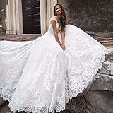 Tren: Tren de la Corte VSDEXR Glamorous Appliques Court Train A-Line Vestidos de Novia Elegante Cuello Cap Manga Vintage Vestido de Novia Tallas Grandes (Champagne 24W)