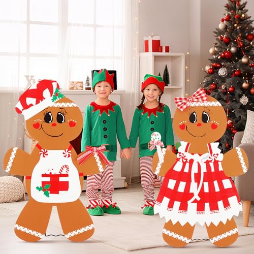 Cinnvoice 2 Sets Gingerbread Man Christmas Decorations Indoor Large Standup Life Size Wood Gingerbread Man Wooden Standing Cutouts for Xmas Party Office Home Table Booth Prop