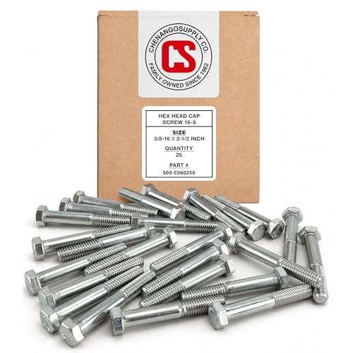 Image of Chenango Supply 3 /8-16 x 2-1 /2 inch Stainless Steel Hex Head Bolts - 304 Stainless, USS Coarse Thread, 100,000-125,000 PSI Tensile Strength, Corrosion-Resistant Hardware Bolts, (25 Pieces, 3 /8-16 x 2.5)