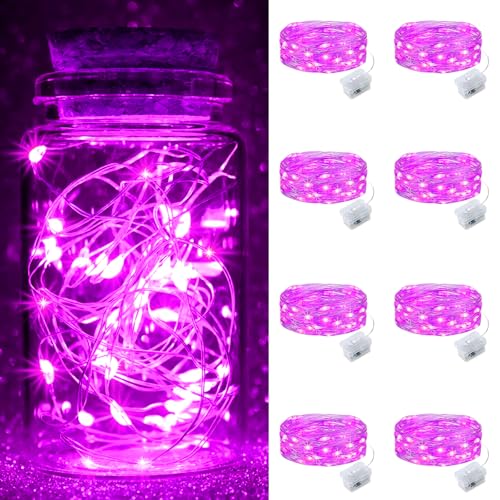 pozzolanas 8 Pack Pink Fairy Lights Battery Operated 3 Modes 7FT 20 LED Waterproof String Lights Twinkle Silver Wire for Mason Jars Wedding Christmas Halloween Party Decor (8, Pink)