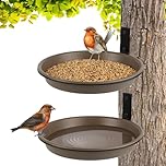 FAHAWEL 2 Pack Fence Bird Feeder Bath Tray for Outside, 21.4cm Plastic Wild Bird Bath Bowl with Metal Holder for Wood Post, Heavy Duty Wall Tree Mounted Pet Squirrel Water Feeder Station Outdoor Yard