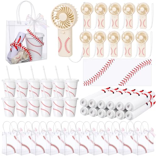 Potchen 49 Pcs Baseball Team Gift Set Include Handheld Fan Plastic Straw Cup, Cooling Towel, Clear PVC Tote Bag, Summer Outdoor Sports Gear for Players Fans Team Events