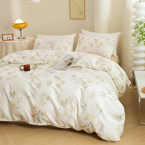 ECOCOTT Vintage Wash Painting Floral Duvet Cover Sets Queen Size,3 Pieces 100% Natural Cotton 1 Duvet Cover with Zipper and 2 Pillowcases, Ultra Soft and Easy Care Breathable Cozy Bedding Set