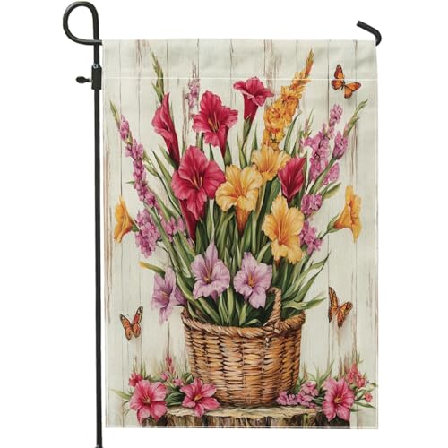 Banderas de arpillera de gladiolo de primavera para patio delantero, patio trasero, 12 x 18 pulgadas, doble cara para exteriores, cesta de flores de madera, mariposas, banderas de casa pequeñas