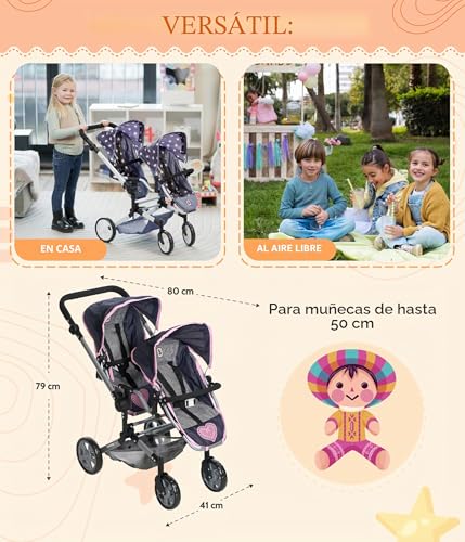 Cochecito para muñecas gemelar de alta resistencia Linus Duo Rosa Vaquero 7