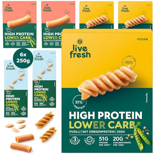 LiveFresh High Protein Nudeln Lower Carb Pasta ballaststoffreich Vollkornnudeln vegan Probierpaket 6x250g