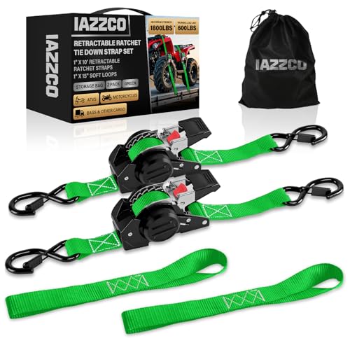 Image of 10FT Retractable Ratchet Straps(2-Pack) - 1 Inch (1800 LB Break Strength) Heavy Duty Self Retracting Ratchet Straps with Soft Loops & Storage Bag for Household, Motorcycle, Truck, ATV(Green)