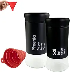 Kit Premium Saleiro e Pimenteiro com Funil de Silicone Saleiro Vidro Saleiro Inox Porta Sal Saleiro de mesa Saleira - Bertaglia® (Preto)