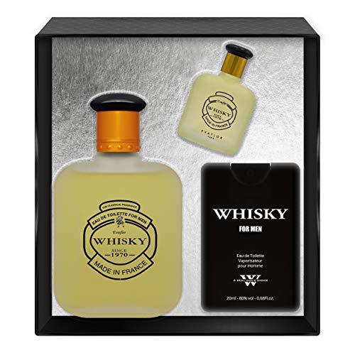 EVAFLORPARIS Whisky for Men Coffret pour Homme Eau de Toilette 100 ml + Miniature 7.5 ml + Parfum de Voyage 20 ml Vaporisateur Spray Parfum Homme 127.5 ml