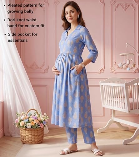 Image of DUMMY SHAPE Maternity Dresses for Women Cotton Rayon | Floral Kurta Pant Dupatta Set with Nursing Zippers to Pre & Post Partum | Feeding Kurtis | Mom to Be Gifts for Pregnant Woman