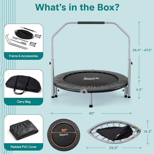 Image of SereneLife 40 inch Foldable Mini Trampoline for Adults - Compact Fitness Rebounder with Adjustable Foam Handle, Exercise Trampoline with Max Load 330lbs, Indoor /Garden Whole-Body Workout
