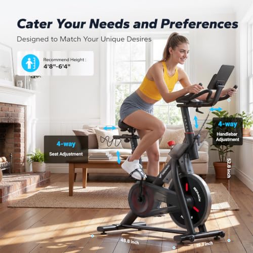 Image of Merach Magnetic Exercise Bike for Home Gym, Low Noise | Stationary Bike with Soft Seat Cushion, Indoor Workout Bike with 350 lbs Weight Capacity, Fitness App with Courses