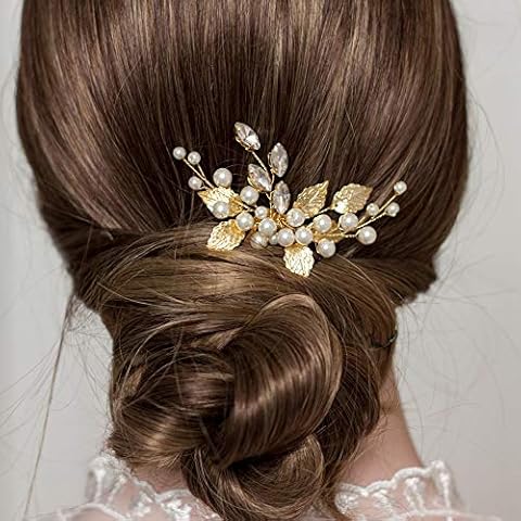 YERTTER Vintage Rhinestones Gold Leaves Bride Wedding Hair Accessories for Brides Crystal Simulated Pearl Floral Leaves Bridal Hair Comb for Women and Girls (Silver) Cover