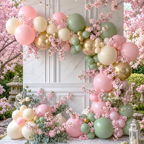 Image of Pink and Green Balloons, 12 Inch Sage Green and Light Pink Gold White Balloons for Easter Birthday Bridal Shower Baby in Bloom Baby Shower Decorations