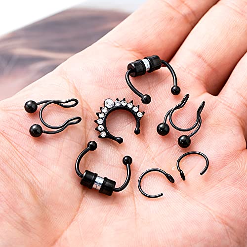 REVOLIA 15 Pcs Fake Nose Rings Hoop Stainless Steel Fake Septum Ring Faux Non-Pierced Clip On Nose Hoop B