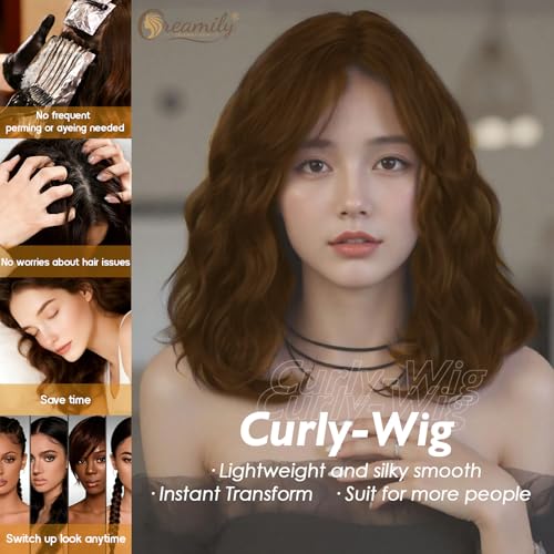Image of Creamily Short Bob Wavy Hair Wig for Woman Full Head Natural 14 Inches Loose Curly Chestnut Brown Shoulder Length Synthetic Wigs with Bangs