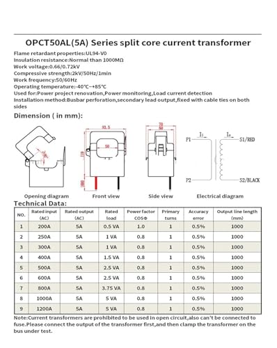 Sensor de abrazadera OPCT50AL transformador de corriente con núcleo ferrita dividido de 100A 5