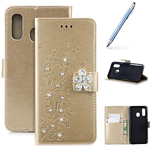 Robinsoni Case Compatible with Samsung Galaxy A40 PU Leather Case Wallet Case Sparkle Bling Cover Glitter Notebook Magnetic Flip Stand Cover Cash Pouch Folio Gel Bumper Protective Shell, Gold