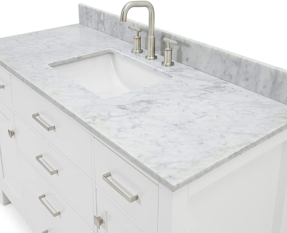 ARIEL Bristol 54-inch Bathroom Vanity with Sink,Solid Wood, 0.75-inch Italian Carrara Marble Countertop, Single Rectangular Porcelain Sink, 2 Soft Closing Doors, 5 Dovetail Drawers, White
