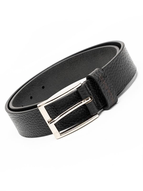 Image of Bacca Bucci Men's Leather Belt 35 mm for Formal & Casual Wear, Textured Black & Tan Strap with Metallic Pin Buckle, Classic Everyday Office Belt for Men