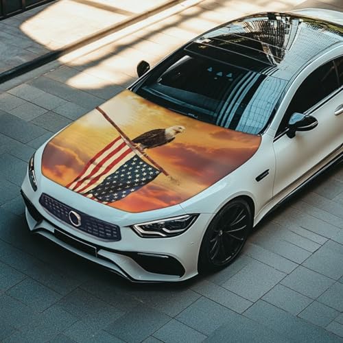 Image of Car Hood Cover Elastic Polyester Hood Wrap Patriotic Car Decor Exterior Accessories Eagle and American Flag Washable Universal Hood Covers for SUV Sedan