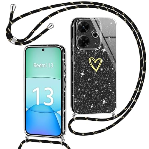 Yichxu Handyband für Xiaomi Redmi 13 4G Hülle mit Band, Glitzer Herz Silikon Handyhülle Kordel zum Umhängen, Schutzhülle...