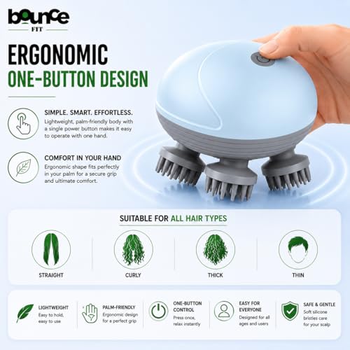 Image of Bouncefit AS-701 Portable Handheld Electric Scalp Massager | Scalp Massager for Pain Relief, Blood Circulation, Hair Growth support, Stress Relief, Relaxation | Long Battery Life | USB Type C Rechargable | Multicolour (A1-203)