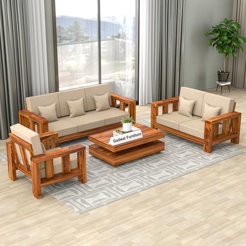 Image of Wooden Sofa Set 6 Seater for Living Room - Solid Sheesham Wood Sofa 6 Seater with Comfortable Cushion Seating | 6 Seater Sofa Wooden (Honey, Haney 6 Seater 3+2+1)