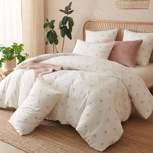 Image of Floral Duvet Cover Full Size White Pink Tulip Pattern Bedding Set with Zipper Closure 3 Pcs Garden Style Soft Microfiber Comforter Cover for Kids Women with 2 Pillowcases