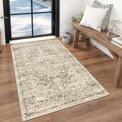 KUTA Vintage Floral Rug 3x5, Area Rugs for Living Room Beige Brown Washable Kitchen Carpet Non-Slip, Ultra Soft Printed Distressed Vintage Entry Low-Pile Throw for Living Room Dorm Décor