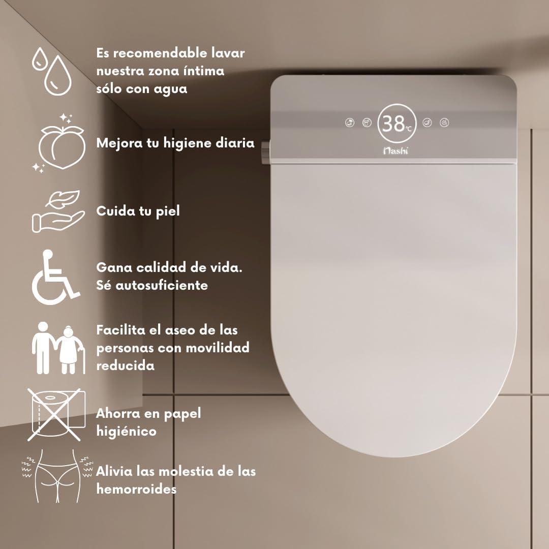Infographic showing benefits of the Nashi Ovian SE toilet: intimate hygiene, improved daily hygiene, skin care, increased autonomy, reduced toilet paper use, and relief for hemorrhoids.