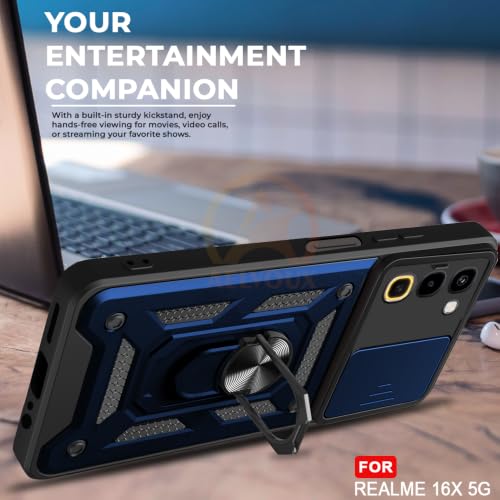 Image of Armor Bumper Back Cover Case for Realme 16X 5G Rotating Camera Cover, Ring Holder & Kickstand | Heavy Duty & 360 Degree Protection Back Cover for Realme 16X 5G (Blue)