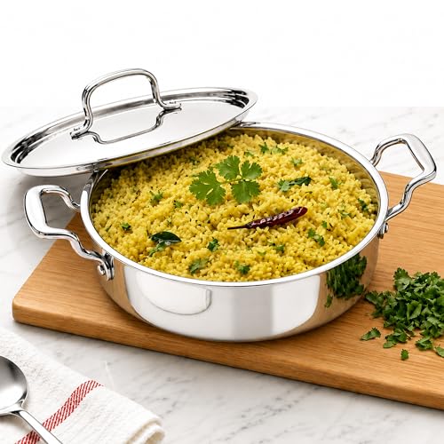 Image of SOLARA Triply Stainless Steel Short Casserole with SS Lid, 24 cm, Tri-Ply Heavy Bottom Cooking Pot with Cast Steel Handles, Induction & Gas Compatible