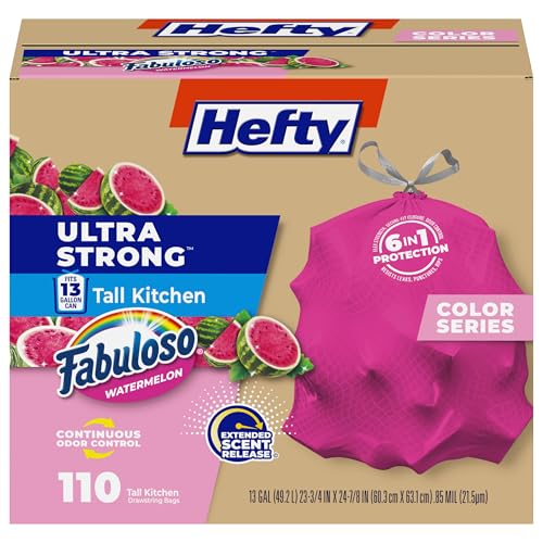 Image of Hefty Ultra Strong 13 Gallon Trash Bags, Tall Kitchen Trash Bags 13 Gallon Size, Resist Leaks, Punctures, and Rips, Continuous Odor Control, Pink, Fabuloso Watermelon Scent, 110 Bags