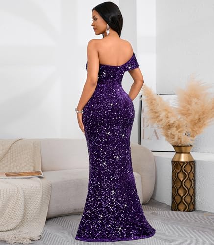 Image of Cololura Women Sexy Sequin One Shoulder Mermaid Formal Party Cocktail Gowns Bodycon Evening Maxi Dress