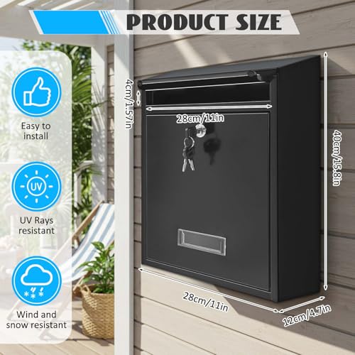 Image of Yaocom Wall Mount Mailboxes for Outside 15.8 x 11 x 4.7 Inches Large Vertical Mailbox with Key Locking Outdoor Metal Steel Mail Drop Security Hanging Secure Postbox for Home Office School, Black