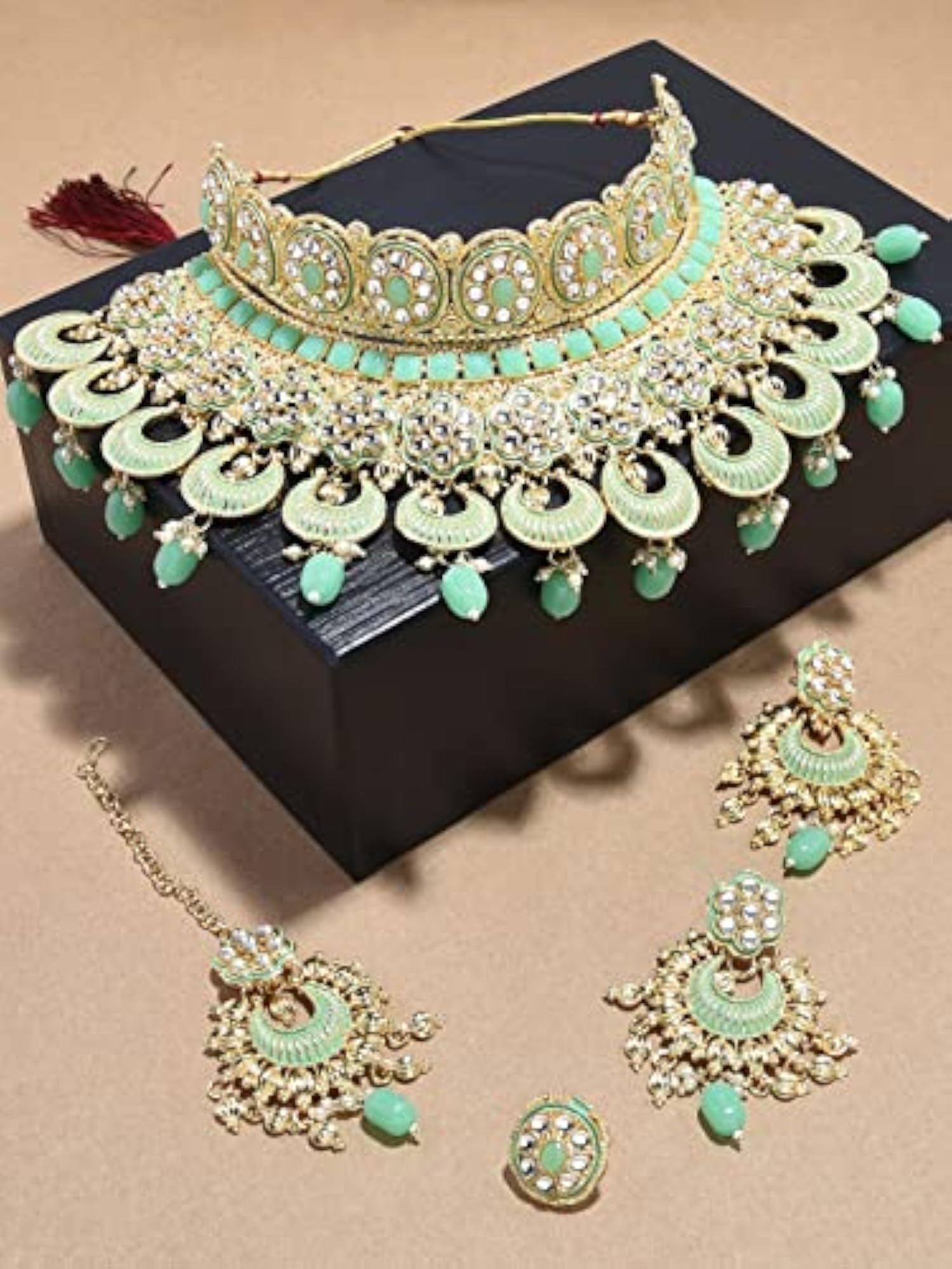 Bridal Choker Necklace Earring Maangtikka & Ring Set, Elegant