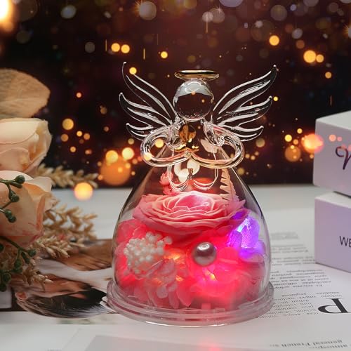 Image of Preserved Flowers for Delivery Prime,Birthday Gifts for Women Mom Grandma | Christmas Rose Gifts for Women Her Grandma,Preserved Light Up Rose In Glass Angel Figurines,Wife Mom Women Stocking Stuffers