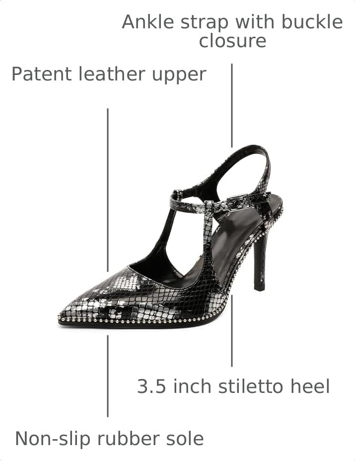 Image of SAMMITOP Womens High Heels Ankle Strap Pointed Toe Stilettos Patent Leather Beaded Pumps Dress Shoes 3.5 Inch