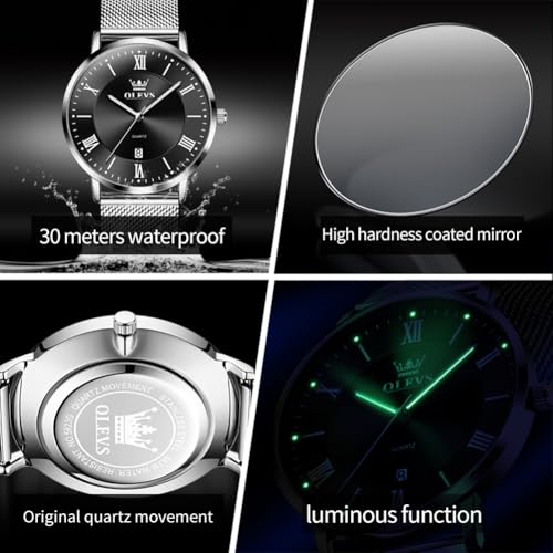 Image of OLEVS Watches for Men Analog Quartz Fashion Dress Analog Quartz Minimalist Simple Slim Thin Stainless Steel Mesh Strap Waterproof Date Mens Watches